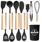 12-piece premium silicone kitchen utensil set with wooden handles and storage holder