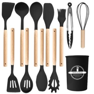 12-piece premium silicone kitchen utensil set with wooden handles and storage holder