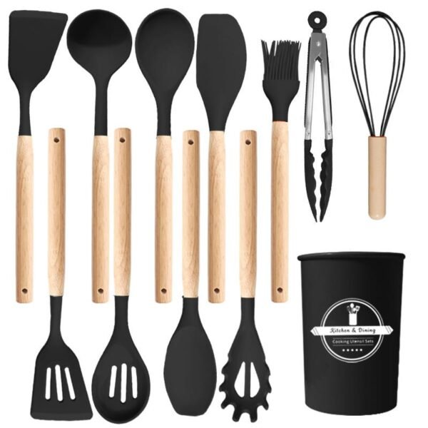 12-piece premium silicone kitchen utensil set with wooden handles and storage holder