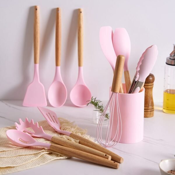 12-piece premium silicone kitchen utensil set with wooden handles and storage holder