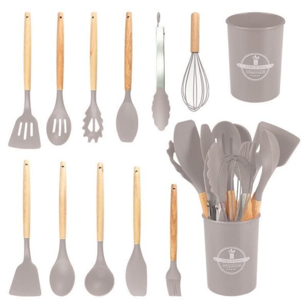 12-piece premium silicone kitchen utensil set with wooden handles and storage holder