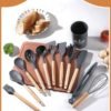 12-piece premium silicone kitchen utensil set with wooden handles and storage holder