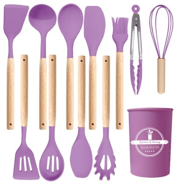 12-piece premium silicone kitchen utensil set with wooden handles and storage holder
