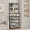 5-tier shoe rack with coat rack, hanging hooks, and fabric shelves for entryway organization