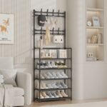 5-tier shoe rack with coat rack, hanging hooks, and fabric shelves for entryway organization