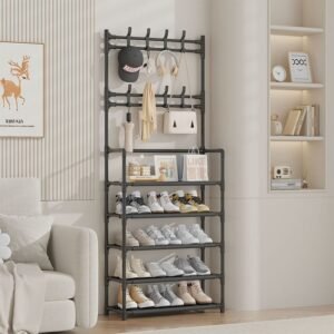 5-tier shoe rack with coat rack, hanging hooks, and fabric shelves for entryway organization