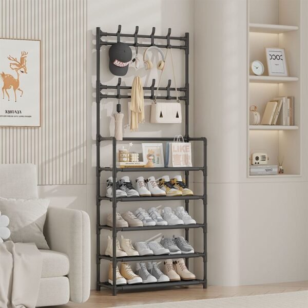 5-tier shoe rack with coat rack, hanging hooks, and fabric shelves for entryway organization
