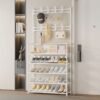 5-tier shoe rack with coat rack, hanging hooks, and fabric shelves for entryway organization