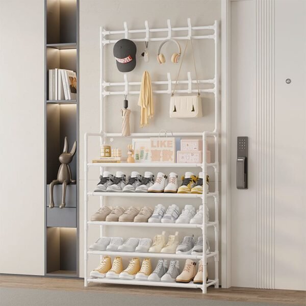 5-tier shoe rack with coat rack, hanging hooks, and fabric shelves for entryway organization