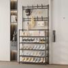 5-tier shoe rack with coat rack, hanging hooks, and fabric shelves for entryway organization