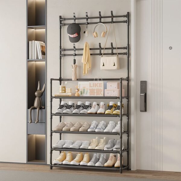 5-tier shoe rack with coat rack, hanging hooks, and fabric shelves for entryway organization