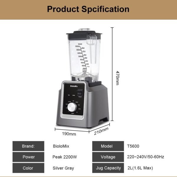 BioLoMix T5600 Professional 2200W high-performance blender with 2L Tritan jar