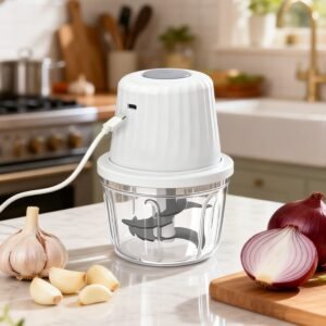 Designed for everyday convenience, this compact chopper features a powerful high-speed motor, six stainless steel blades, and a 400ml food-grade bowl, making it ideal for chopping garlic, onions, peppers, herbs, vegetables, nuts, meat, and more