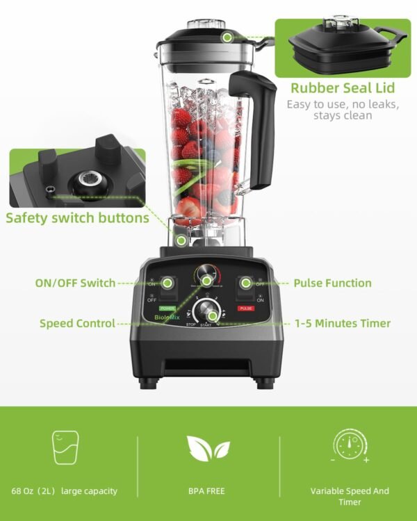 BioLoMix T5200 2200W high-performance blender with 2L BPA-free jar and six stainless steel blades