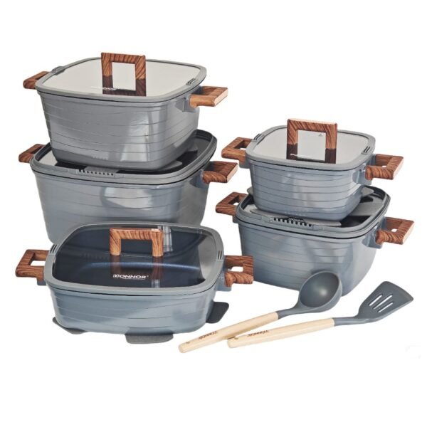 DONNOR 15-piece premium square granite non-stick cookware set with tempered glass lids and wood-grain handles