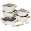 DONNOR 15-piece premium square granite non-stick cookware set with tempered glass lids and wood-grain handles