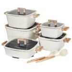 DONNOR 15-piece premium square granite non-stick cookware set with tempered glass lids and wood-grain handles