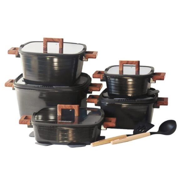 DONNOR 15-piece premium square granite non-stick cookware set with tempered glass lids and wood-grain handles