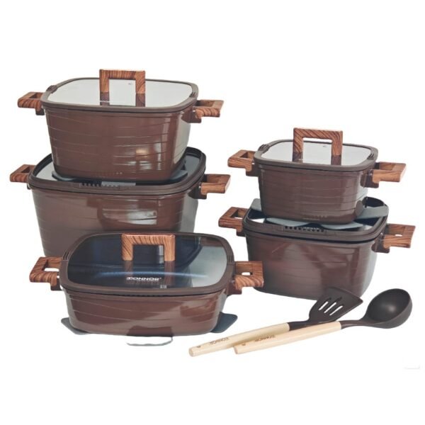DONNOR 15-piece premium square granite non-stick cookware set with tempered glass lids and wood-grain handles