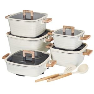 DONNOR 15-piece premium square granite non-stick cookware set with tempered glass lids and wood-grain handles