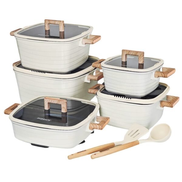 DONNOR 15-piece premium square granite non-stick cookware set with tempered glass lids and wood-grain handles
