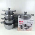 H·K 10-piece granite non-stick cookware set with tempered glass lids and die-cast aluminum construction