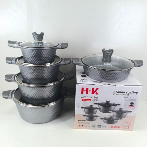 H·K 10-piece granite non-stick cookware set with tempered glass lids and die-cast aluminum construction
