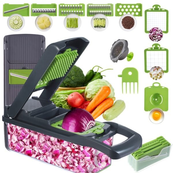 15-in-1 multifunctional vegetable cutter set with stainless steel blades and food container