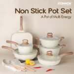 NIKKIMARKET premium 15-piece non-stick cookware set with tempered glass lids and induction-compatible aluminum pots