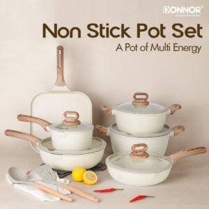 NIKKIMARKET premium 15-piece non-stick cookware set with tempered glass lids and induction-compatible aluminum pots