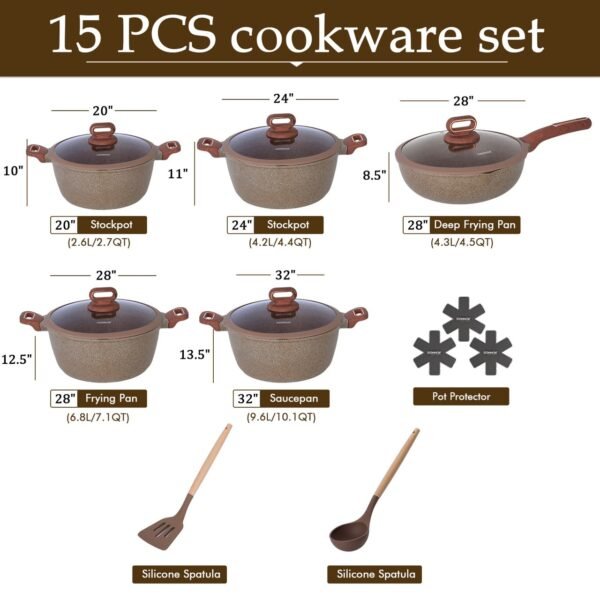NIKKIMARKET premium 15-piece non-stick cookware set with tempered glass lids and induction-compatible aluminum pots
