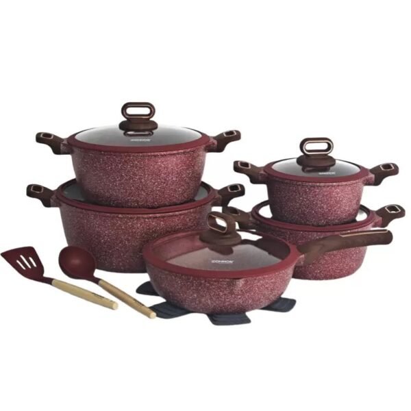 NIKKIMARKET premium 15-piece non-stick cookware set with tempered glass lids and induction-compatible aluminum pots