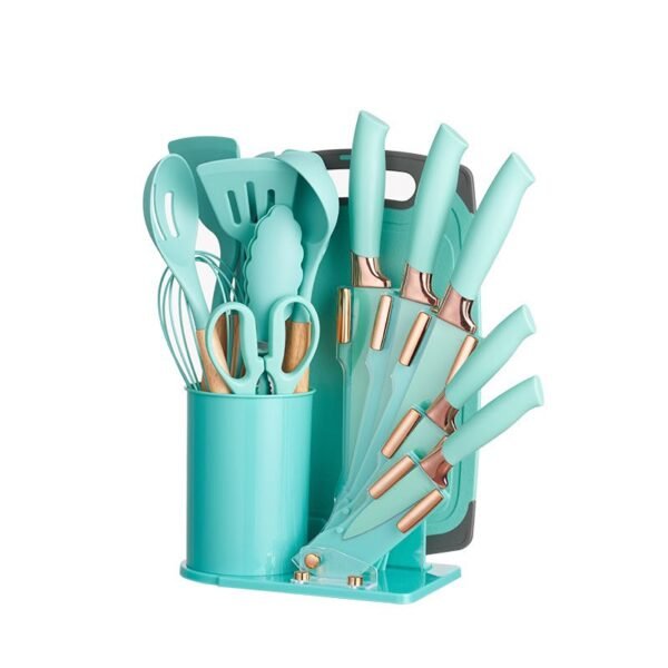 Premium 19-piece silicone kitchen utensil set with stainless steel knives, cutting board, and storage holder