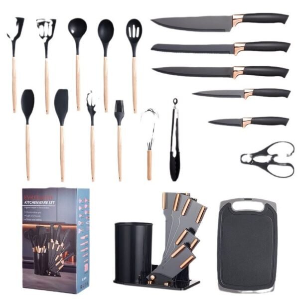 Premium 19-piece silicone kitchen utensil set with stainless steel knives, cutting board, and storage holder