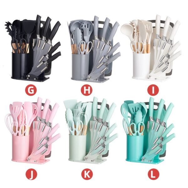 Premium 19-piece silicone kitchen utensil set with stainless steel knives, cutting board, and storage holder