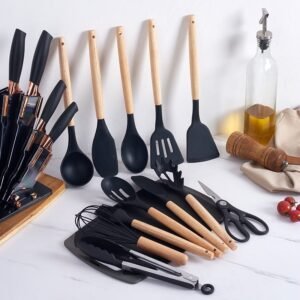 Premium 19-piece silicone kitchen utensil set with stainless steel knives, cutting board, and storage holder
