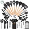 Premium 44-piece silicone kitchen utensil set with wooden handles, stainless steel accessories, and countertop holder