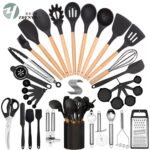 Premium 44-piece silicone kitchen utensil set with wooden handles, stainless steel accessories, and countertop holder