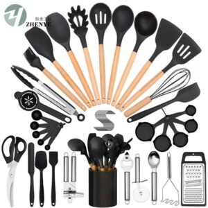 Premium 44-piece silicone kitchen utensil set with wooden handles, stainless steel accessories, and countertop holder