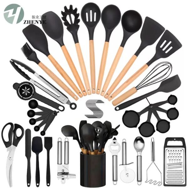 Premium 44-piece silicone kitchen utensil set with wooden handles, stainless steel accessories, and countertop holder