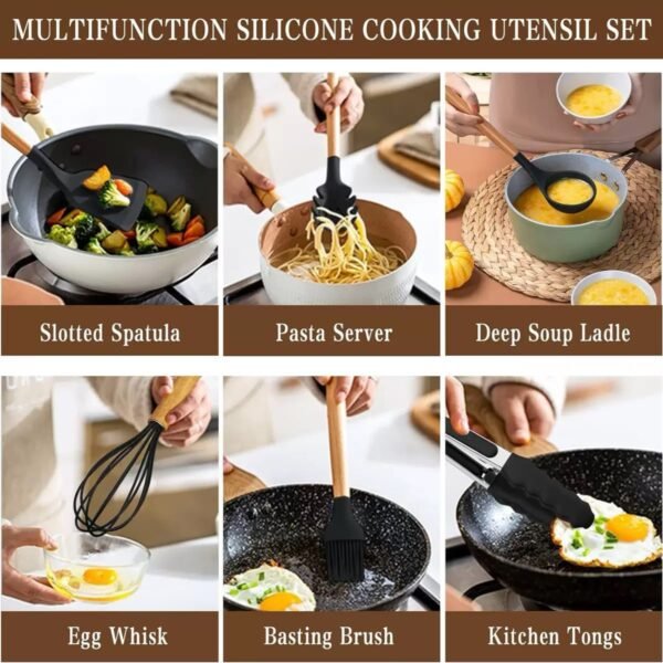 Premium 44-piece silicone kitchen utensil set with wooden handles, stainless steel accessories, and countertop holder