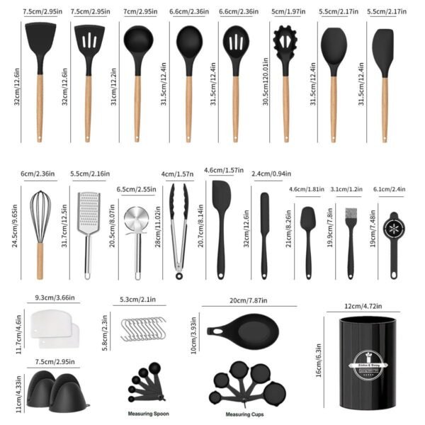 Premium 44-piece silicone kitchen utensil set with wooden handles, stainless steel accessories, and countertop holder