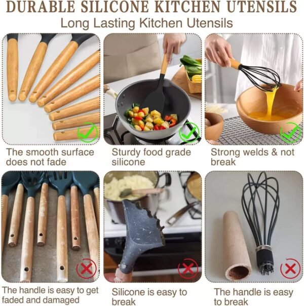 Premium 44-piece silicone kitchen utensil set with wooden handles, stainless steel accessories, and countertop holder