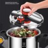 Premium stainless steel pressure cooker available in 8L and 10L capacities with secure locking lid