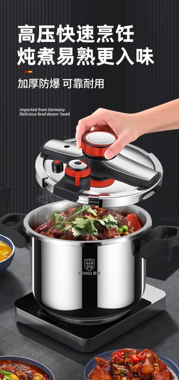 Premium stainless steel pressure cooker available in 8L and 10L capacities with secure locking lid