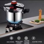 Premium stainless steel pressure cooker available in 8L and 10L capacities with secure locking lid