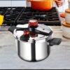 Premium stainless steel pressure cooker available in 8L and 10L capacities with secure locking lid