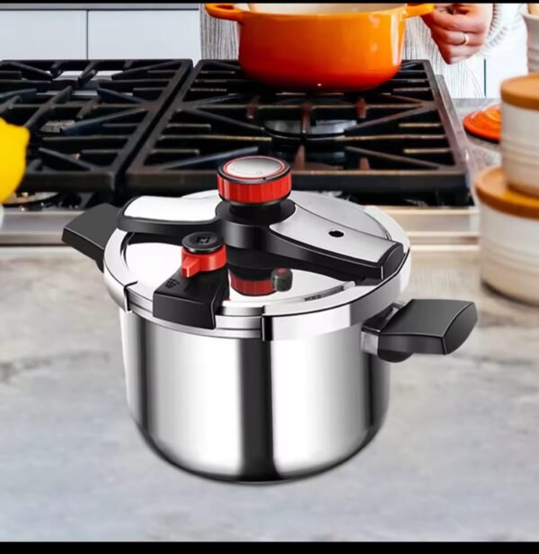Premium stainless steel pressure cooker available in 8L and 10L capacities with secure locking lid