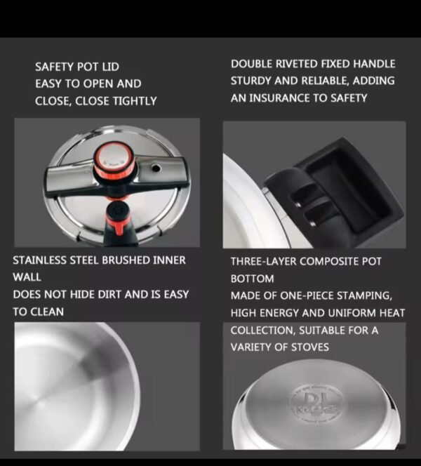 Premium stainless steel pressure cooker available in 8L and 10L capacities with secure locking lid