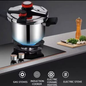Premium stainless steel pressure cooker available in 8L and 10L capacities with secure locking lid